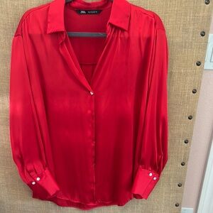 Zara Red Cuffed Sleeve Blouse with Notched Collar